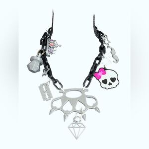 Silver Metallic Scene Queen Heart Brass Knuckles and Charms Statement Necklace